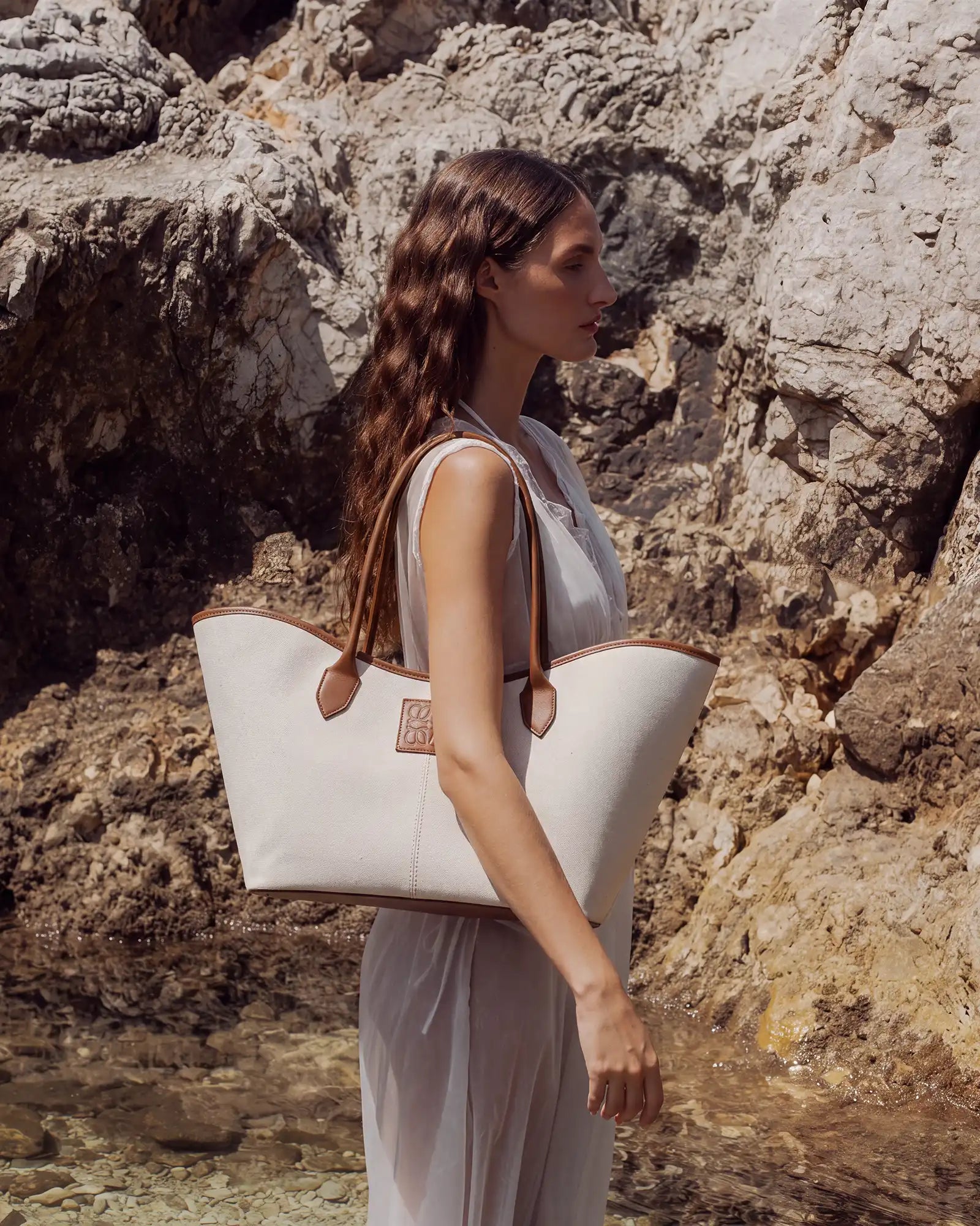LOREN in Beige Canvas and Chocolate Leather