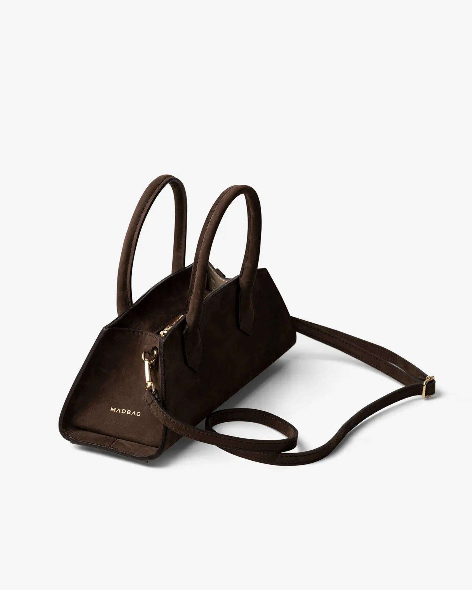 Small Bassotto in pelle nabuk marrone con tracolla regolabile e hardware dorato